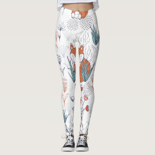 Legging Ilustração florestal do garoto, raposas e flores.
