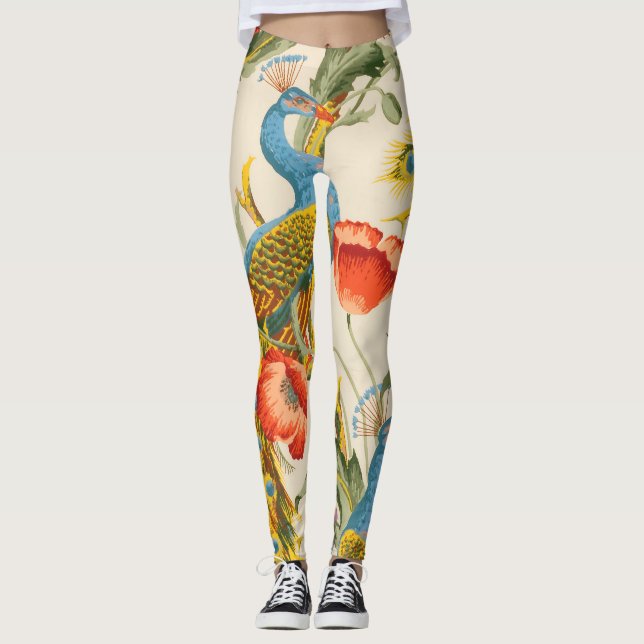 Legging Ilustrações de Peacock e Poppies Vintage (Frente)