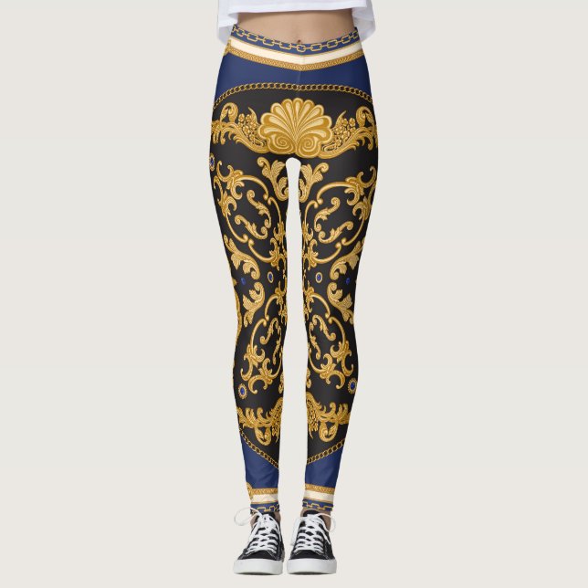 Legging Impressão Bandana: Azul Negro Dourado. (Frente)