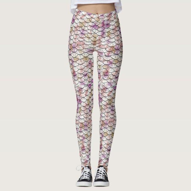 Legging Impressão branco cor-de-rosa da escala da sereia (Frente)