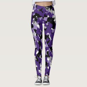 Legging Impressão branco preto cinzento roxo de Camo da