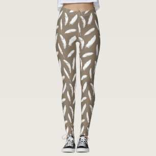 Legging Impressão da pena branca no tan do taupe