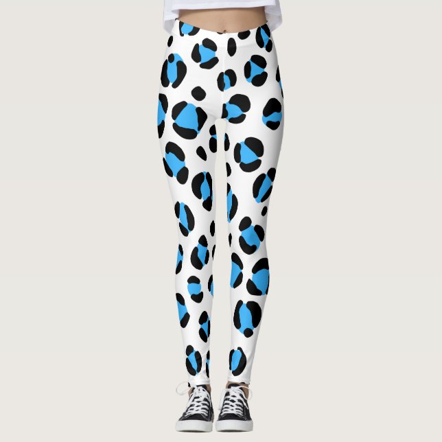Legging Impressão de Animais do Leopardo Branco Azul Preto (Frente)