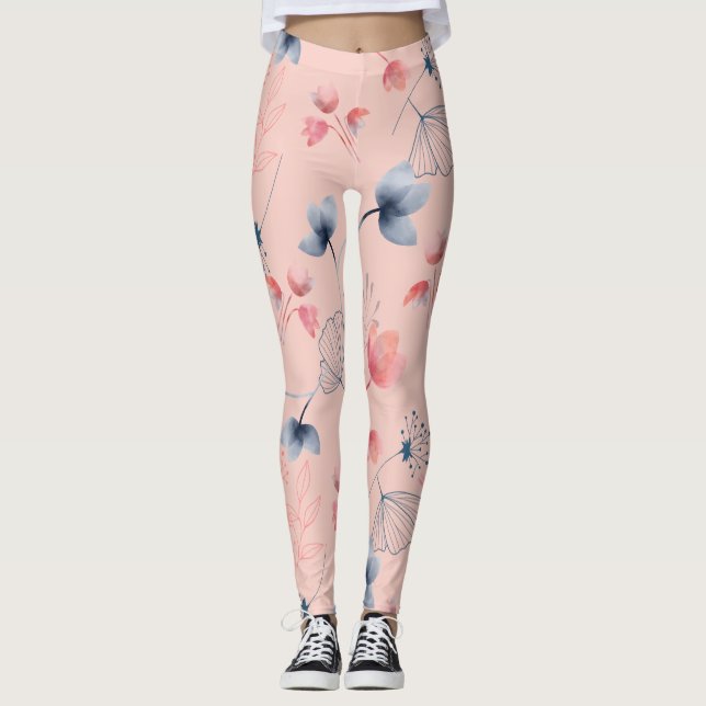 Legging Impressão de Aquarela Floral - Cinza Rosa (Frente)