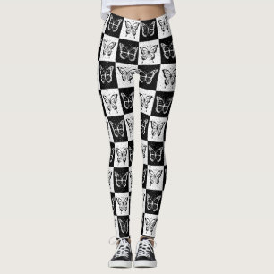 Legging Impressão de Bloco Verificado com Borboleta Branca