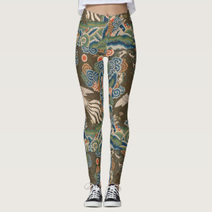 Legging Impressão de bordado em seda de pássaro branco chi