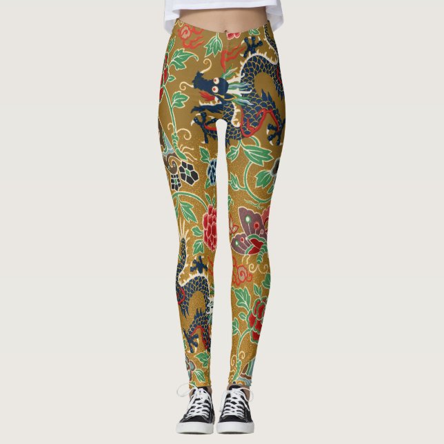 Legging Impressão de Dragão Floral Antiquado Japonês (Frente)