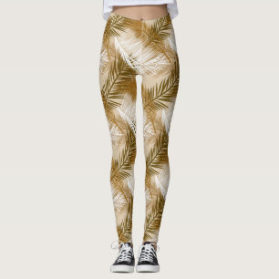 Legging Impressão de Folha de Palma, Castanho Escuro, Tan 