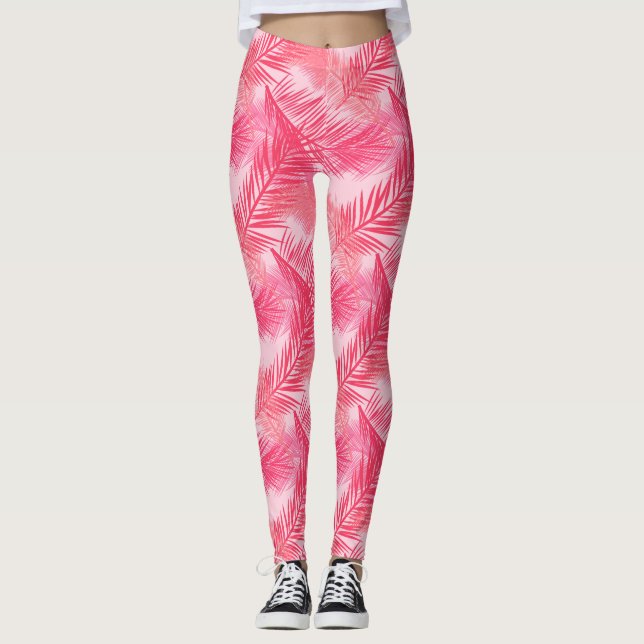 Legging Impressão de folha de palma, coral, pêssego e rosa (Frente)