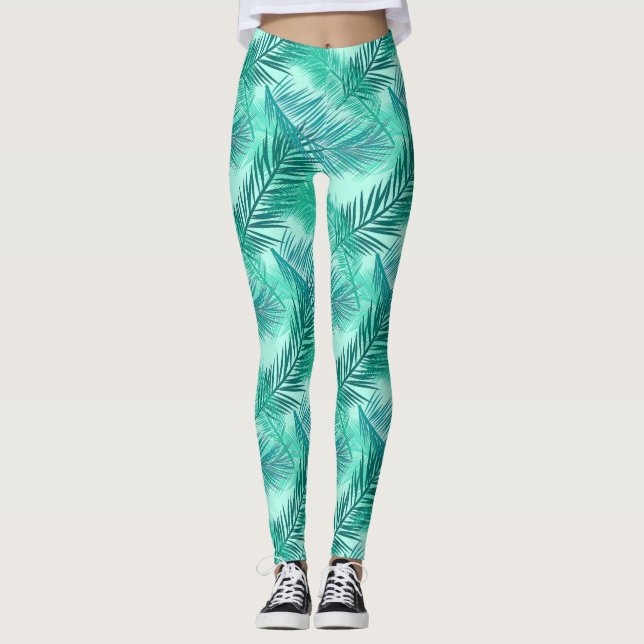 Legging Impressão de folha de palma, Turquesa, Teal e Aqua (Frente)