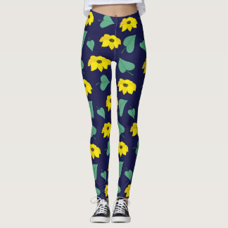 Legging Impressão de folha floral amarela no marinho