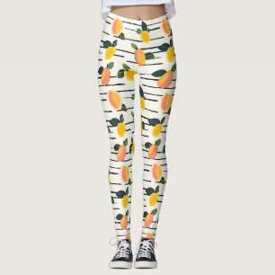 Legging Impressão de Fruta Manga Coral Amarelo em Listras 