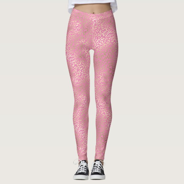 Legging Impressão de Glam Leopardo Dourado Rosa-Rosa (Frente)