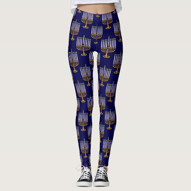 Legging impressão de judeus menorah hanukkah azul (Frente)
