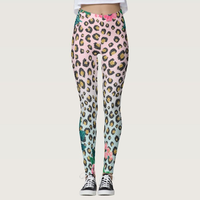 Legging Impressão de Leopard com Brilho Rosa Ombre (Frente)