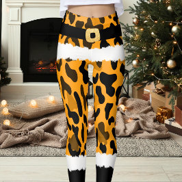 Legging Impressão de Leopardo Amarelo Papai Noel Figurino 