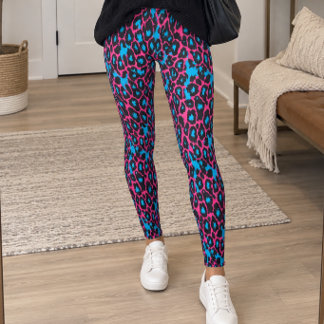 Legging Impressão de leopardo azul rosa néon