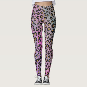 Legging Impressão de Leopardo Preto, Preto, Azul-Cor-de-Ro