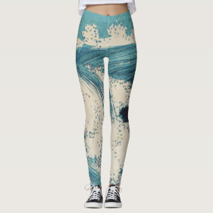 Legging Impressão de Oceano de Ondas Azuis Antigas Japones
