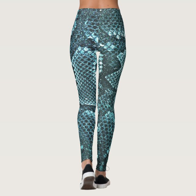 Legging impressão de pele de cobra teal, padrão de escalas (Verso)
