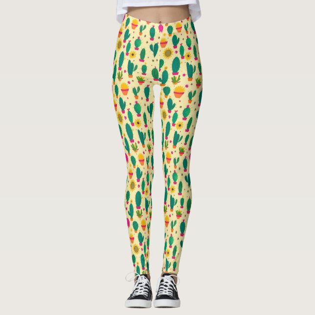 Legging Impressão de Tecido amarelo Kawaii, padrão Cactus  (Frente)