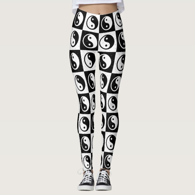 Legging Impressão do bloco Zen Yin-yang, branco preto, mar (Frente)