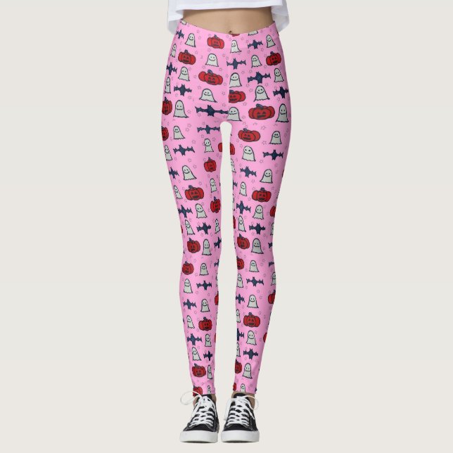 Legging Impressão do Dia das Bruxas Bonito nas Pernas Rosa (Frente)