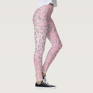 Legging Impressão do Leopardo de Prata Rosa Pastel