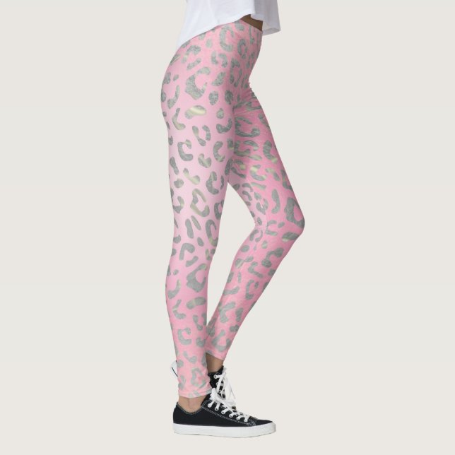 Legging Impressão do Leopardo de Prata Rosa Pastel (Direita)