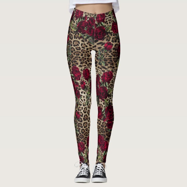 Legging Impressão do Rosa vermelha Leopardo (Frente)