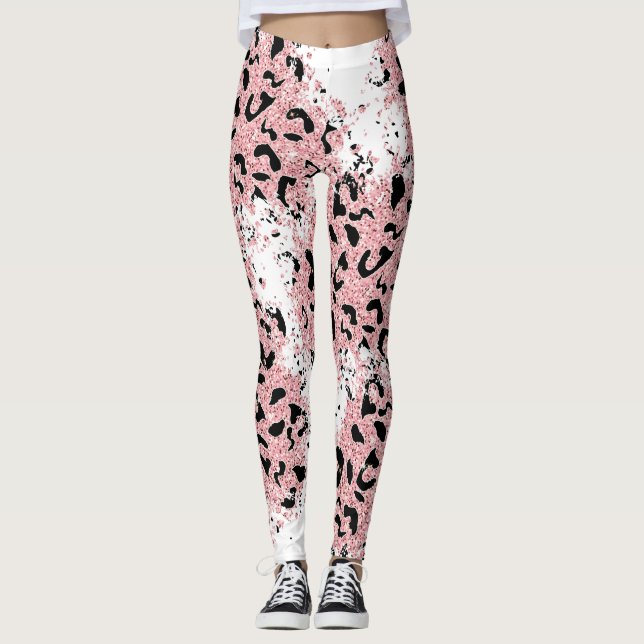 Legging Impressão em animais rosa e preto em branco (Frente)