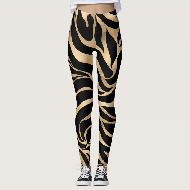 Legging Impressão em Black Zebra Dourada Metálica Elegante (Frente)