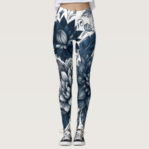Legging Impressão Floral Boêmia Azul e Branco