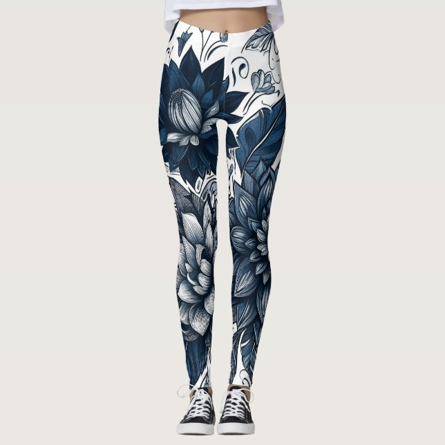 Legging Impressão Floral Boêmia Azul e Branco (Frente)
