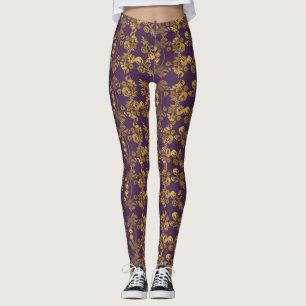 Legging impressão floral de espiral do ouro em roxo