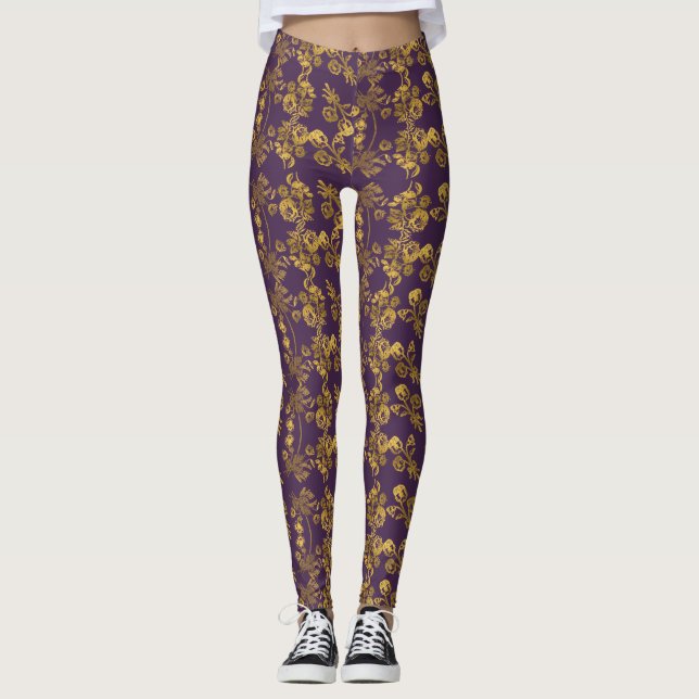 Legging impressão floral de espiral do ouro em roxo (Frente)