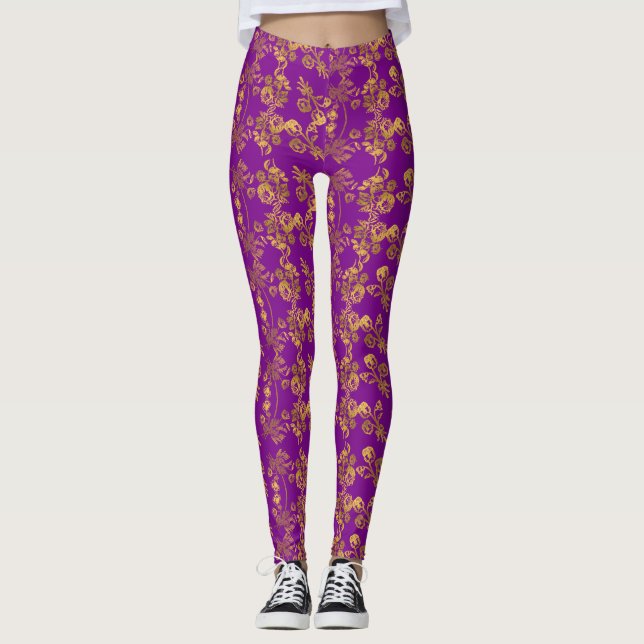 Legging Impressão floral do Ouro de vinheta em roxo (Frente)