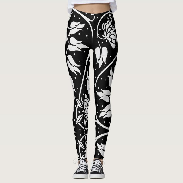 Legging Impressão floral preto & branco de HotLeggings - (Frente)