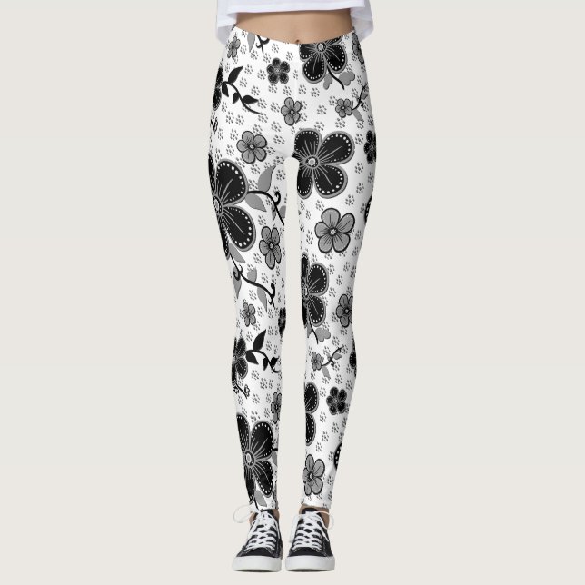 Legging Impressão Floral preto-e-branco (Frente)
