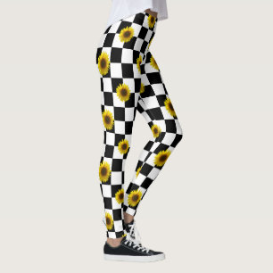 Legging Impressão preto e branco Checkered & do girassol
