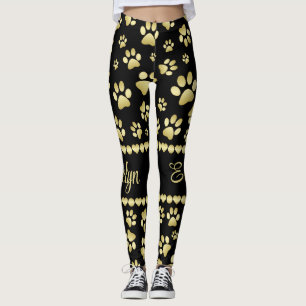 Legging Impressões de Pata Douradas em Preto com Nome Pers