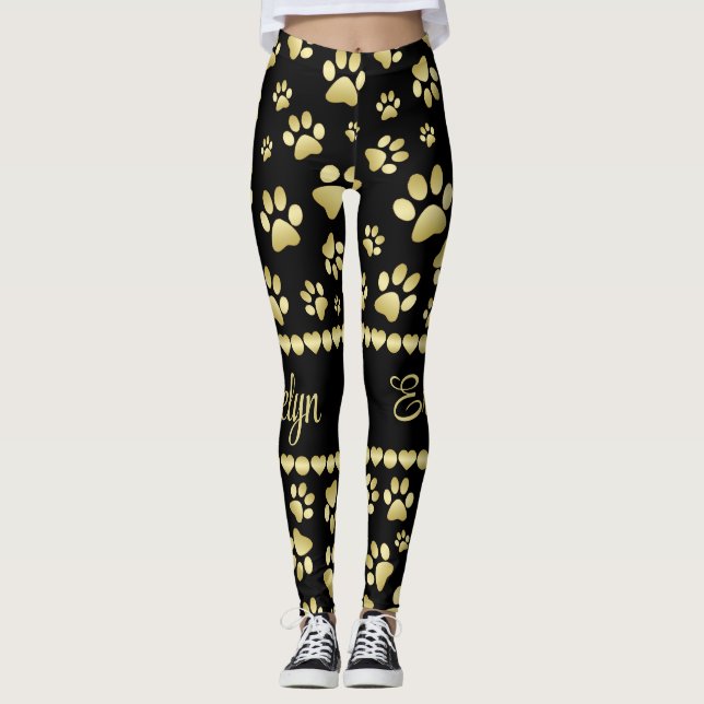 Legging Impressões de Pata Douradas em Preto com Nome Pers (Frente)