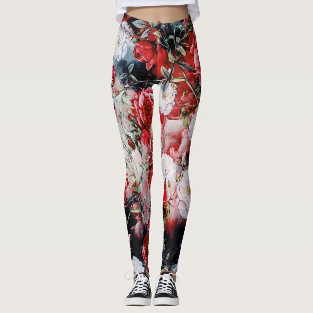 Legging Ioga preta branca vermelha floral dos rosas do (Frente)