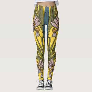 Legging Iris Flor Art Nouveau Vitral Azul Dourado