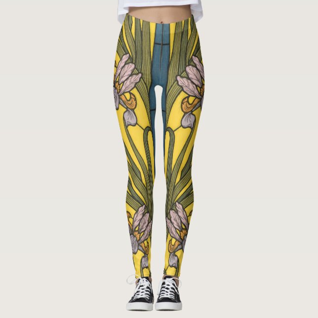 Legging Iris Flor Art Nouveau Vitral Azul Dourado (Frente)