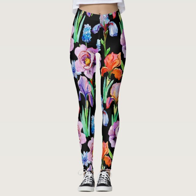 Legging Iris Peony Watercolor Padrão Floral (Frente)