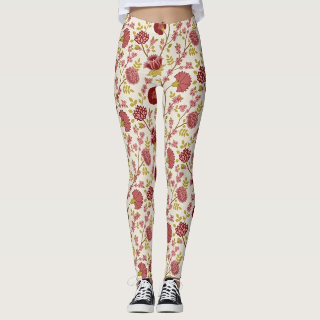 Legging Jacobean Floral Big Pattern Reds Pinks Dourado Cre (Frente)
