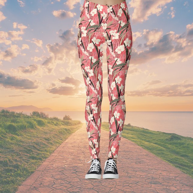 Legging Japanese Floral Blossoms in White on Pink Burgundy (Criador carregado)