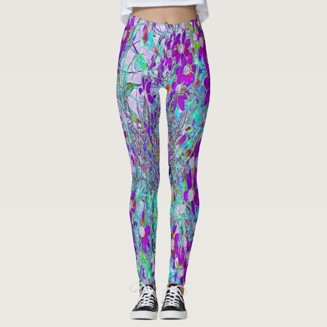 Legging Jardim Aquático com Flores Azul Violeta e Rosa Que (Frente)
