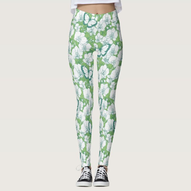 Legging Jardim Botânico de Orquídeas com Borboletas em ver (Frente)